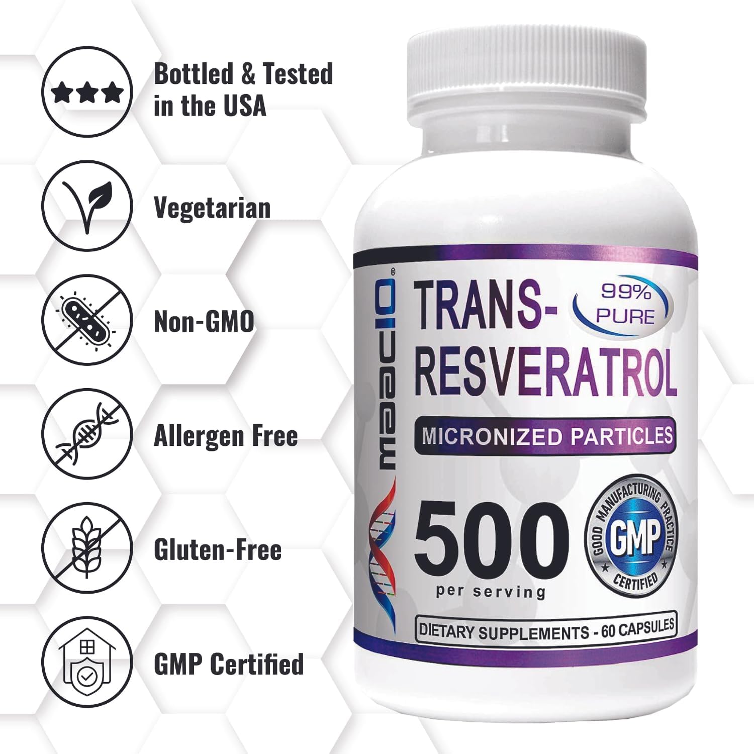 High Potency MAAC10 Trans Resveratrol Supplement with BioPerine for Enhanced Absorption - 500mg (2X 250mg Capsules 60ct)