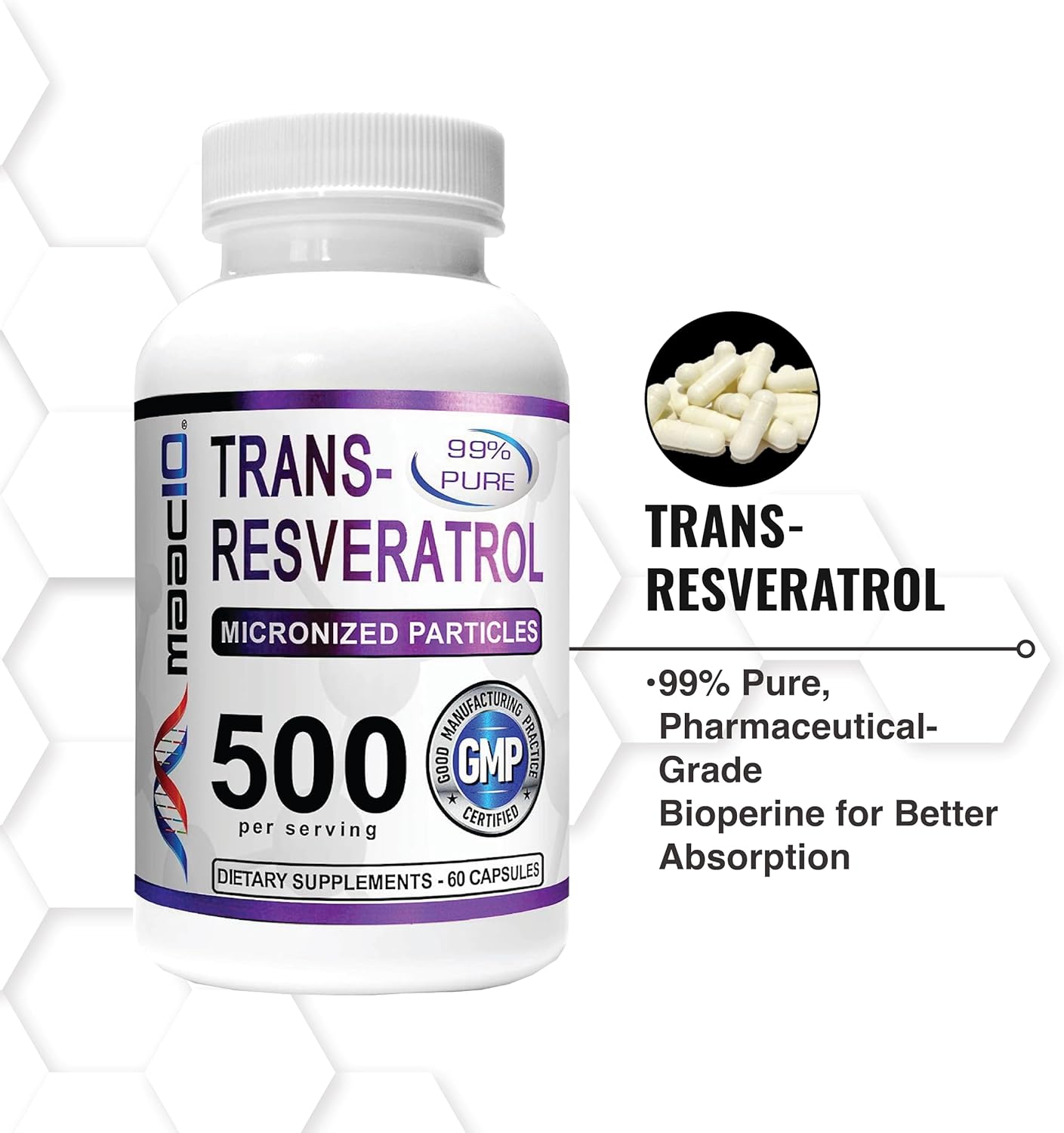 High Potency MAAC10 Trans Resveratrol Supplement with BioPerine for Enhanced Absorption - 500mg (2X 250mg Capsules 60ct)