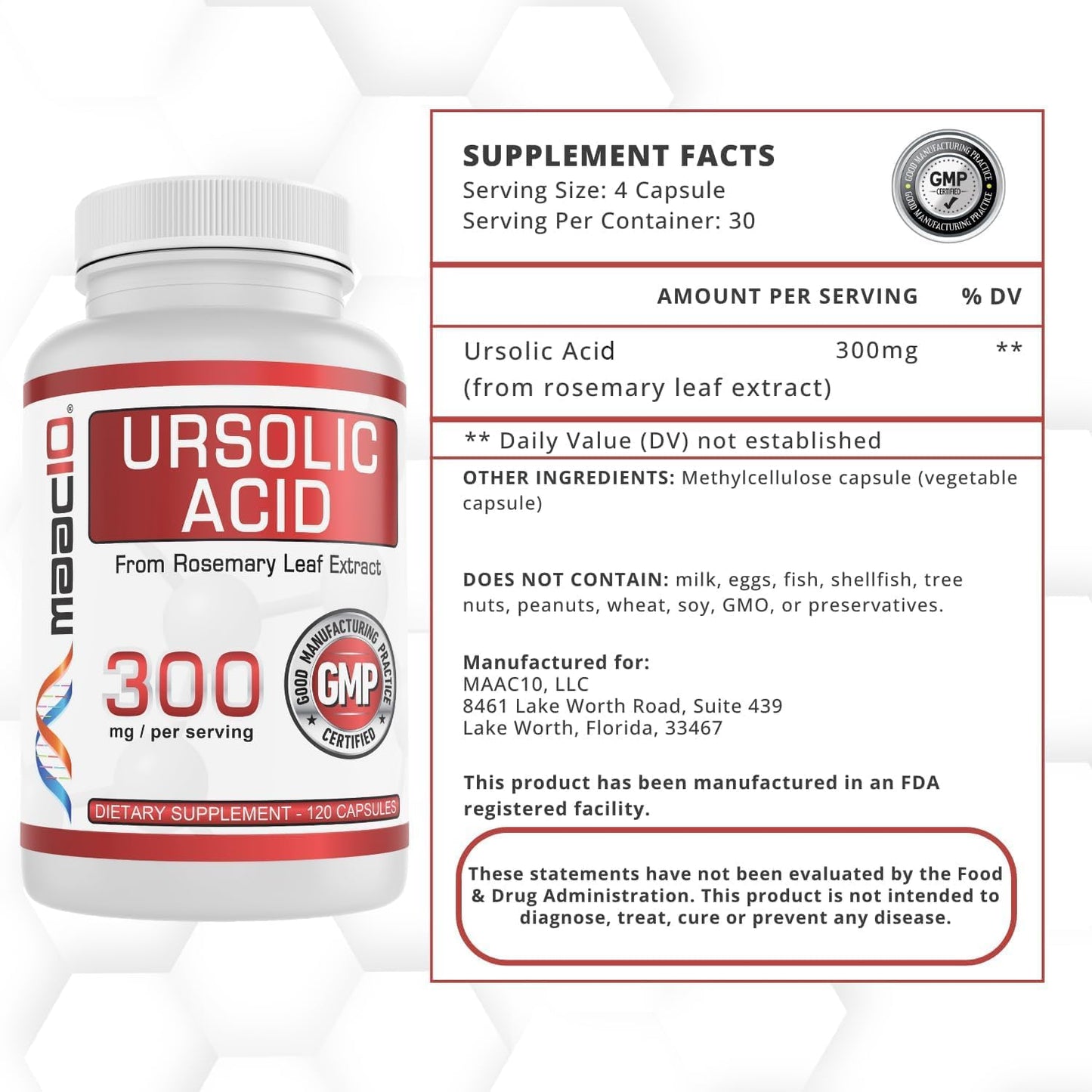 High Potency MAAC10 Ursolic Acid Capsules | 300mg per Serving | Rosemary Extract | AMPK & Sirtuin Activator | Lab Tested