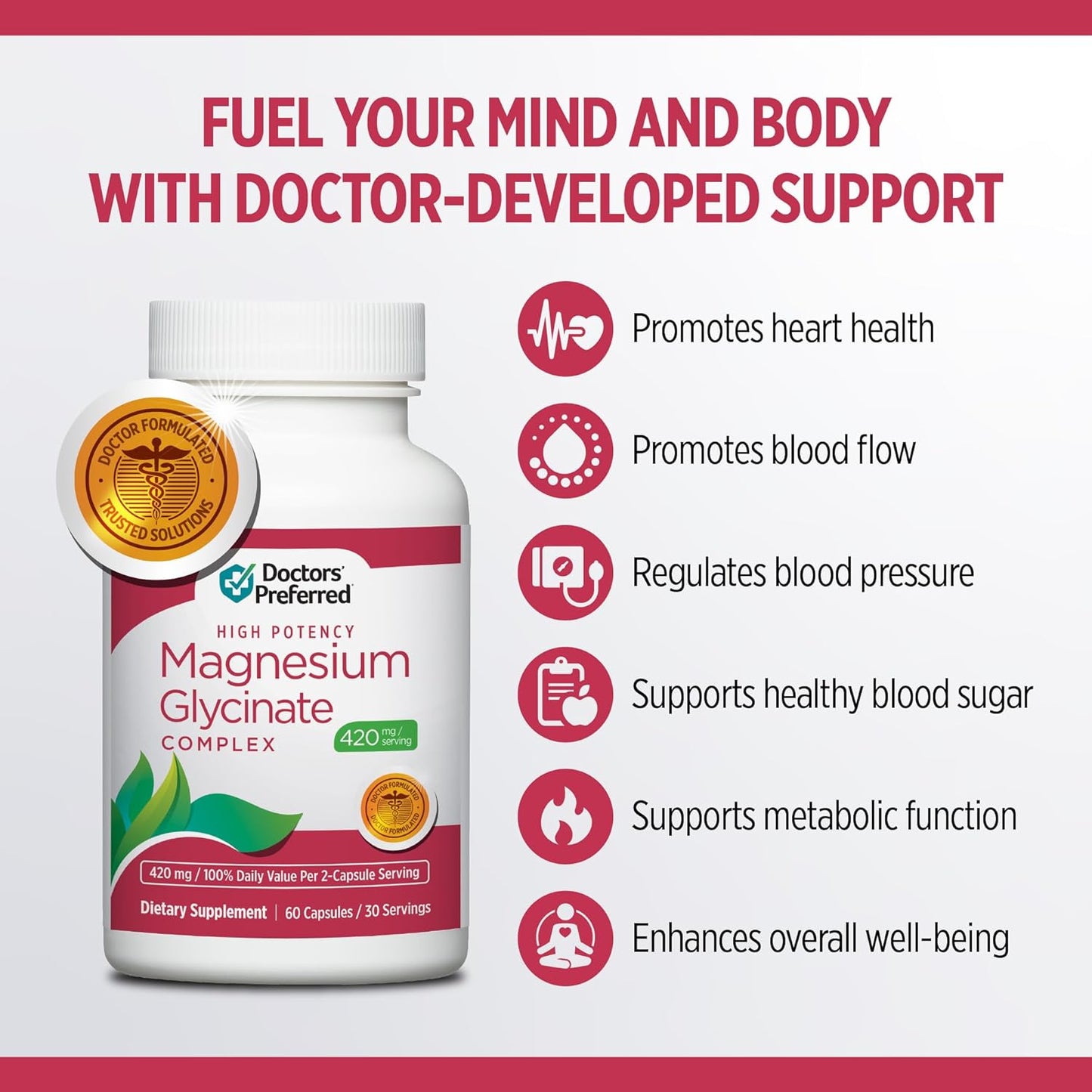 High Potency Magnesium Glycinate Complex - Formulated by Doctors for Heart Health & Mood Support - 420 mg per Serving - 30-Day Supply