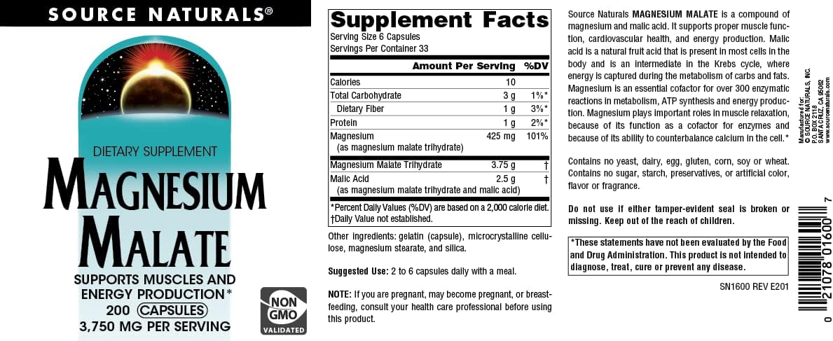 High Potency Magnesium Malate Supplement for Muscle Support and Energy Production - 3750 MG, 200 Capsules by Source Naturals