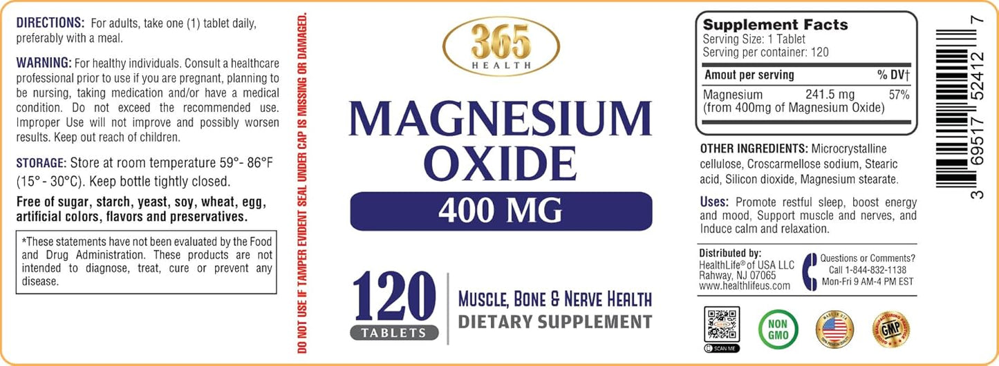 High Potency Magnesium Oxide Supplement 400mg for Immune Support, Muscle Recovery, Leg Cramps, and Relaxation - 120 Tablets USA Made