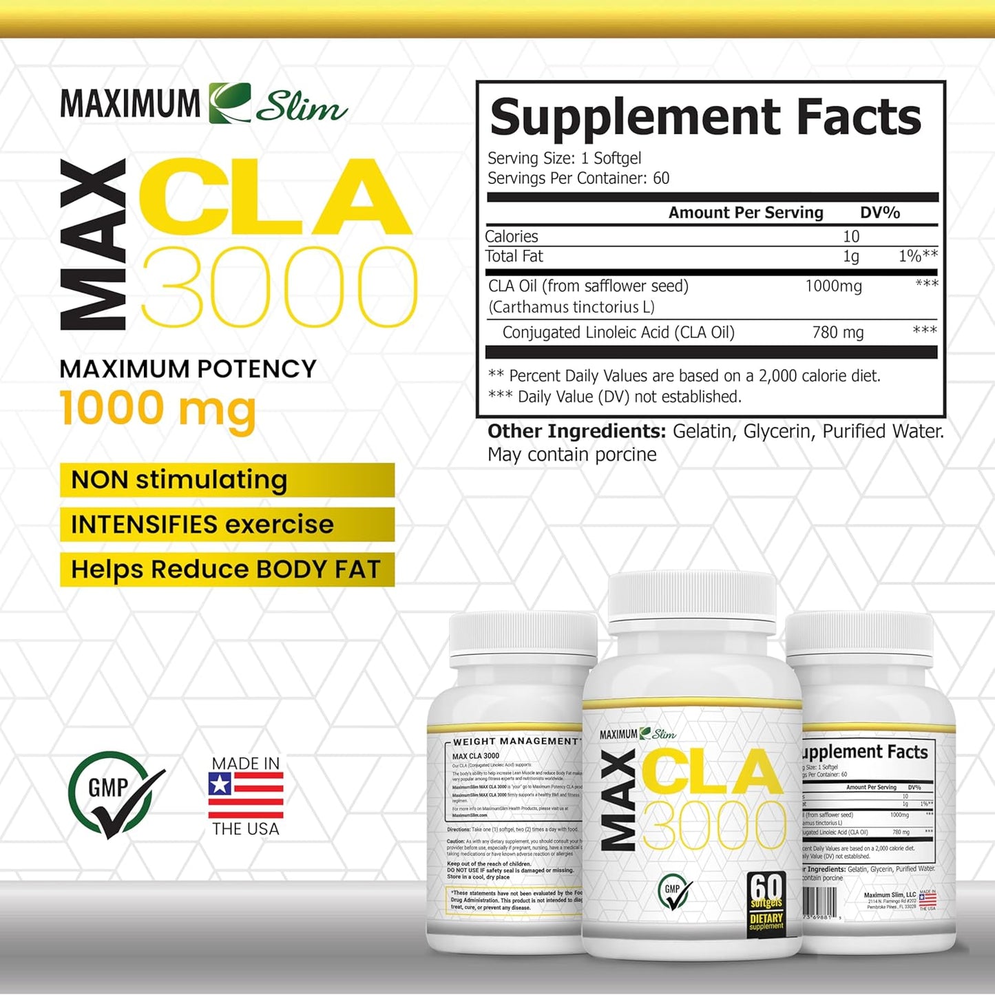 High Potency Maximum Slim MAX CLA 3000 for Natural Weight Loss and Lean Muscle Mass - 90 Count