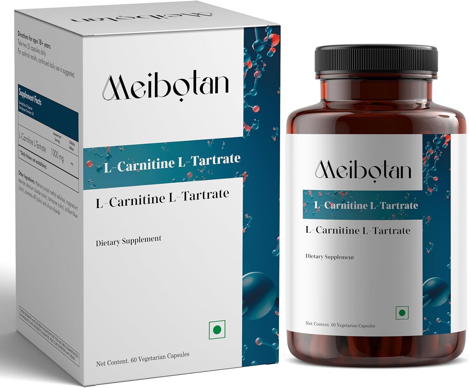 High Potency MEIBOTAN L-Carnitine & L-Tartrate Supplement for Fat Utilization, Lean Muscle Gain, and Metabolism Support - 60 Vegan Capsules