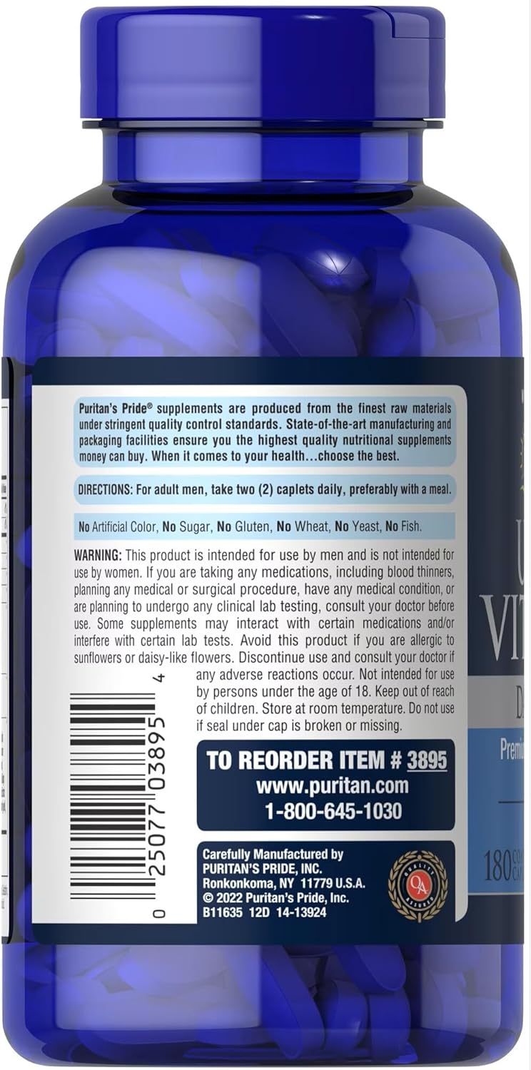 High Potency Men's Multivitamin with Time Release Technology for Immune and Heart Health, 180 Capsules, 3-Month Supply - Puritan's Pride Ultra Vita Man