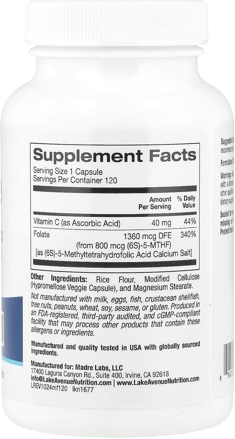 High Potency Methyl Folate 800mcg Supplement, 120 Vegetarian Capsules for Nutritional Support
