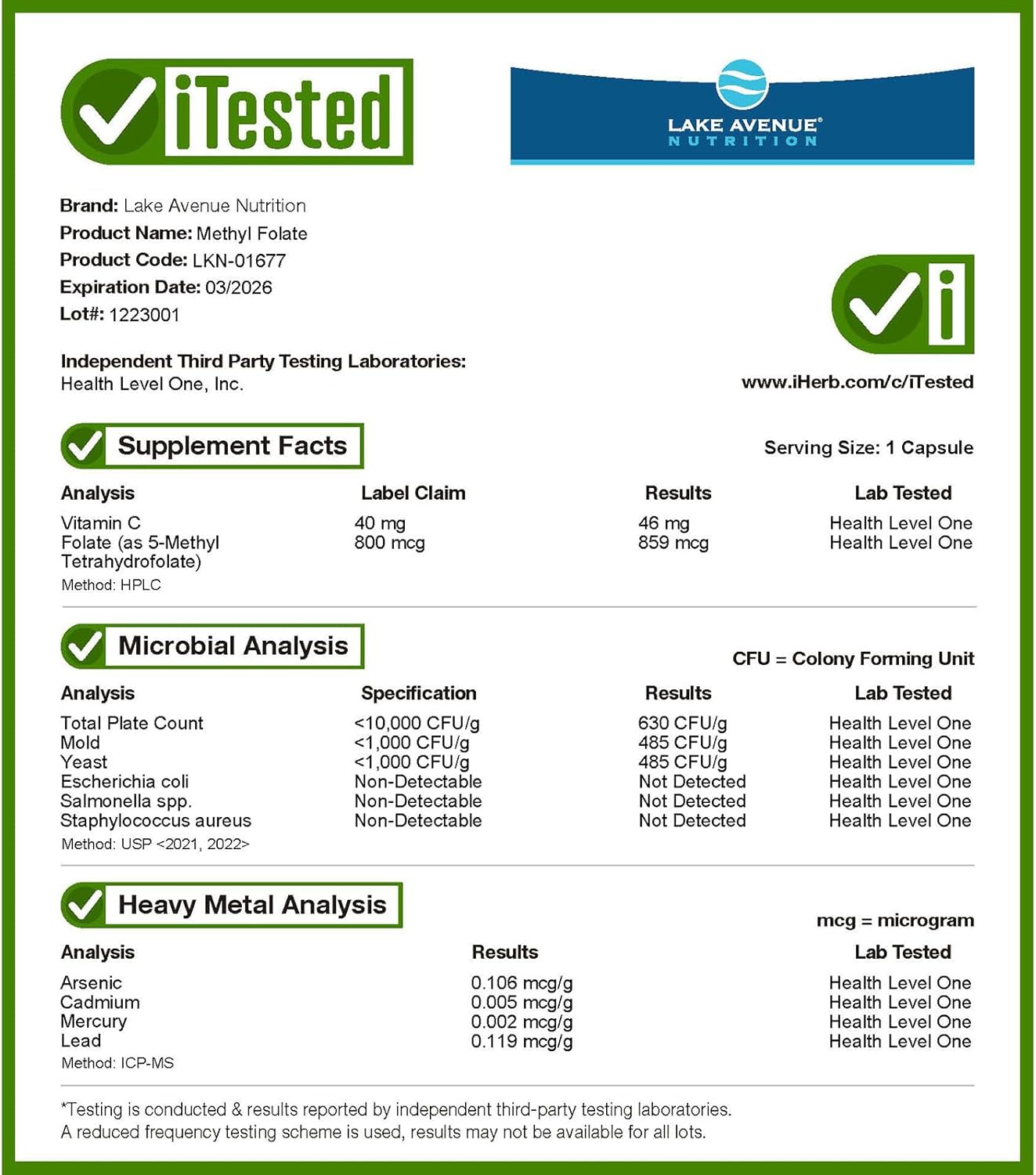 High Potency Methyl Folate 800mcg Supplement, 120 Vegetarian Capsules for Nutritional Support