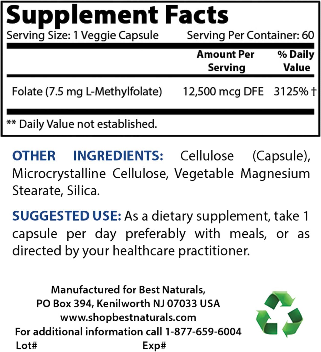 High Potency Methyl Folate Veggie Capsules - Supports Brain, Memory, Cardiovascular Health - 60 Count