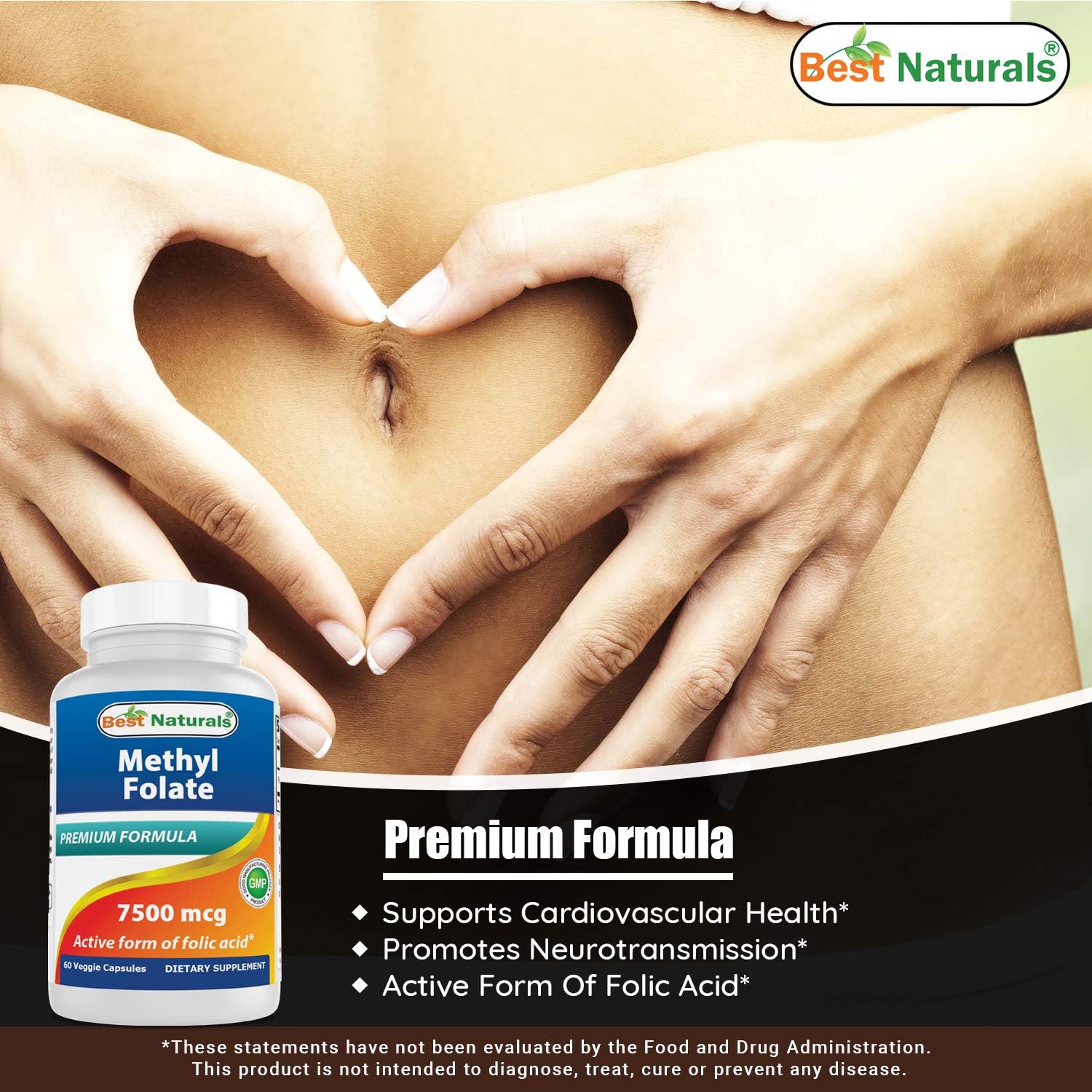 High Potency Methyl Folate Veggie Capsules - Supports Brain, Memory, Cardiovascular Health - 60 Count