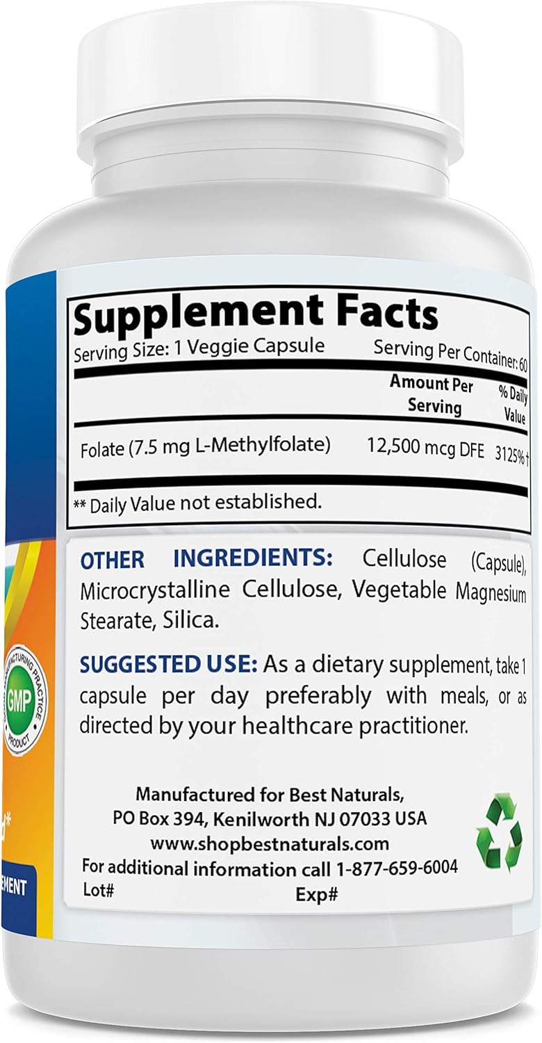 High Potency Methyl Folate Veggie Capsules - Supports Brain, Memory, Cardiovascular Health - 60 Count