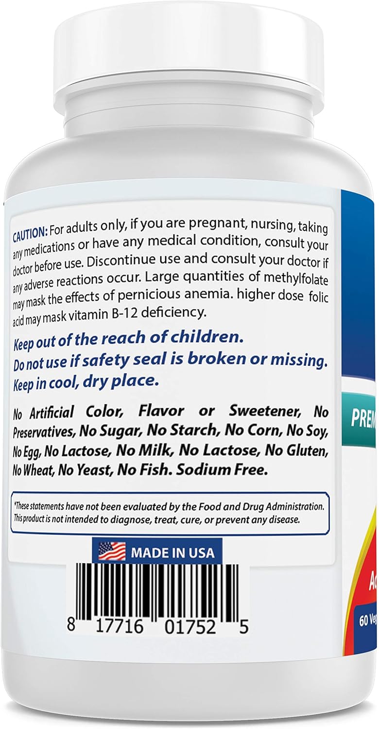 High Potency Methyl Folate Veggie Capsules - Supports Brain, Memory, Cardiovascular Health - 60 Count