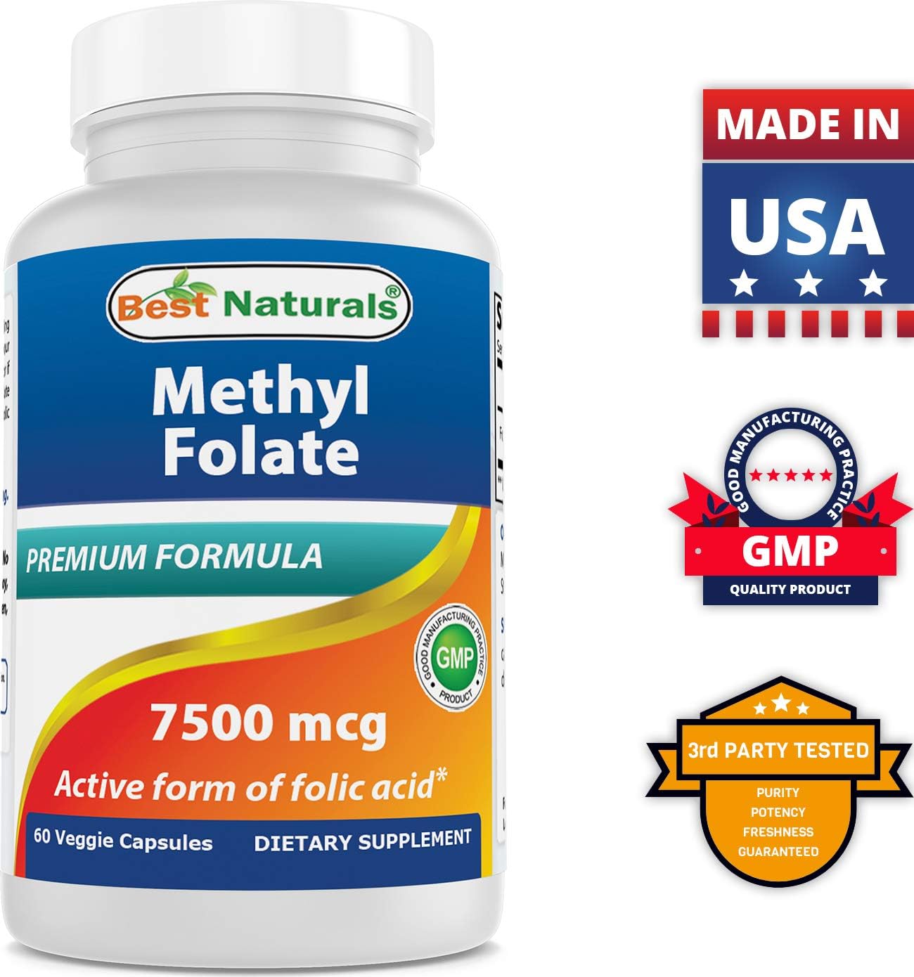 High Potency Methyl Folate Veggie Capsules - Supports Brain, Memory, Cardiovascular Health - 60 Count