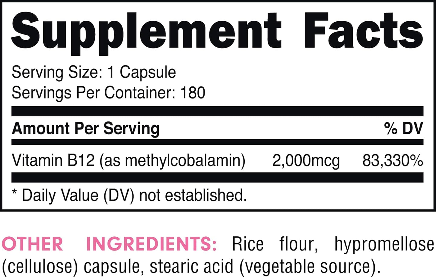 High Potency Methylcobalamin Vitamin B12 Capsules - 2000mcg (180 Servings)