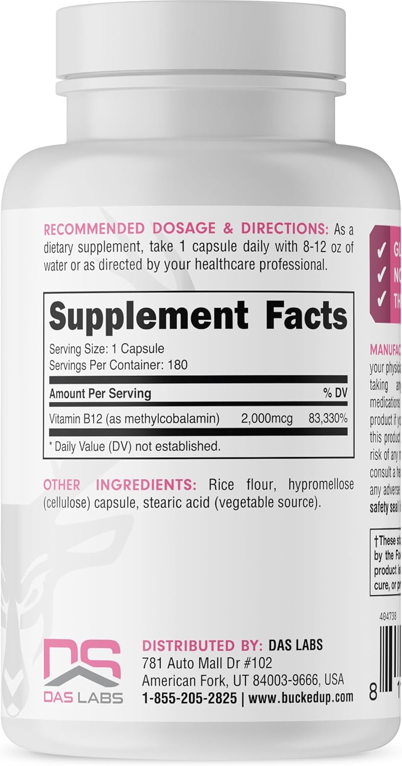 High Potency Methylcobalamin Vitamin B12 Capsules - 2000mcg (180 Servings)