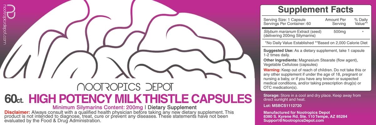High Potency Milk Thistle Extract Capsules | 200mg Silymarins | 60 Capsules | Nootropics Depot