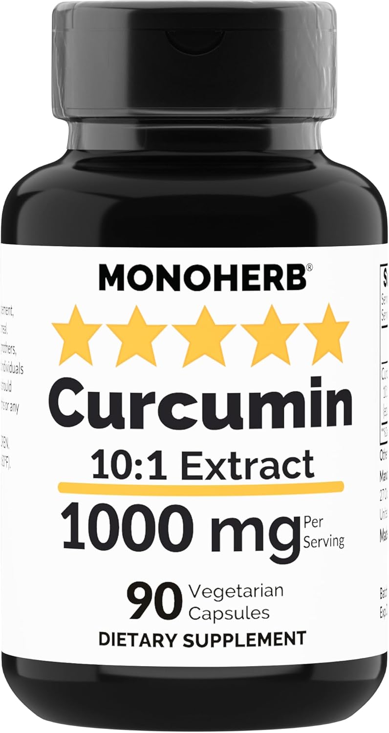 High Potency MONOHERB Curcumin Extract - 90 Vegetarian Capsules, 1000mg - Equivalent to 10,000mg - 500mg per Capsule
