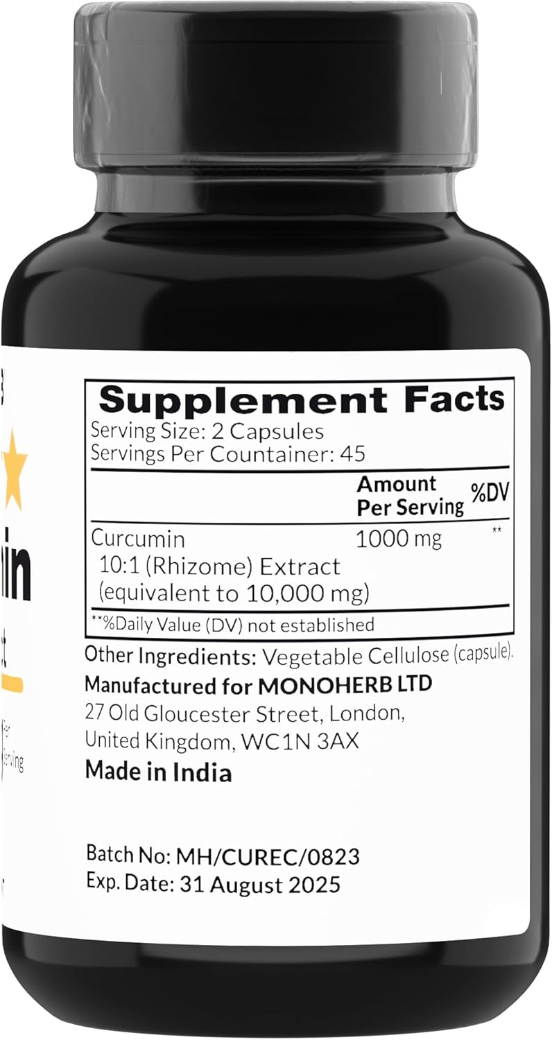 High Potency MONOHERB Curcumin Extract - 90 Vegetarian Capsules, 1000mg - Equivalent to 10,000mg - 500mg per Capsule
