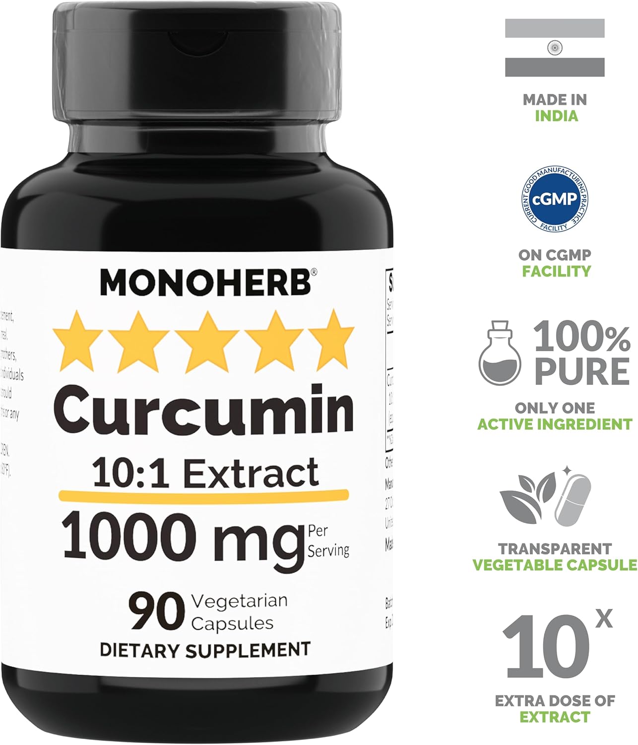 High Potency MONOHERB Curcumin Extract - 90 Vegetarian Capsules, 1000mg - Equivalent to 10,000mg - 500mg per Capsule