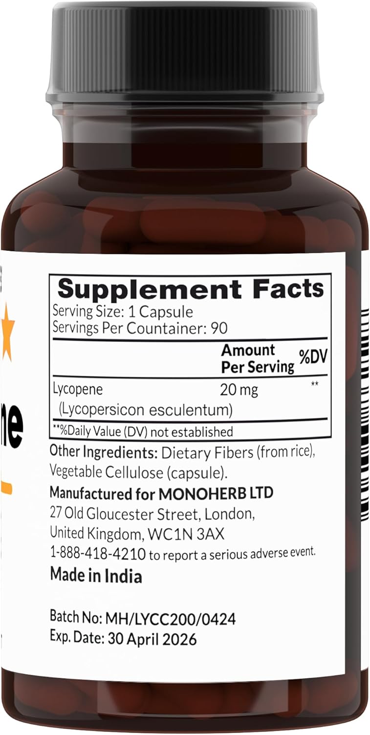 High Potency MONOHERB Lycopene Supplement - 20mg per Capsule - 90 Vegetarian Capsules