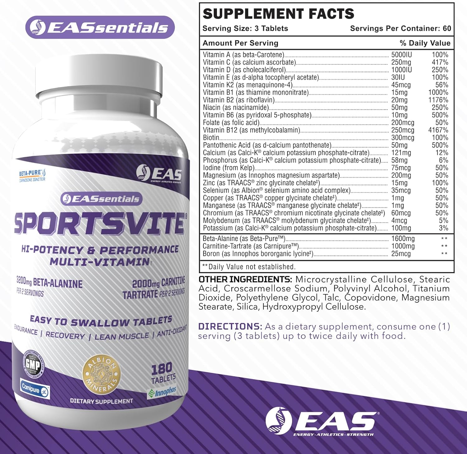 High Potency Multivitamin for Athletes with Vitamin & Mineral Nutrient Blend - 180 Tablets | EAS SportsVite - 2300mg Beta Alanine, 2000mg Carnitine Tartrate