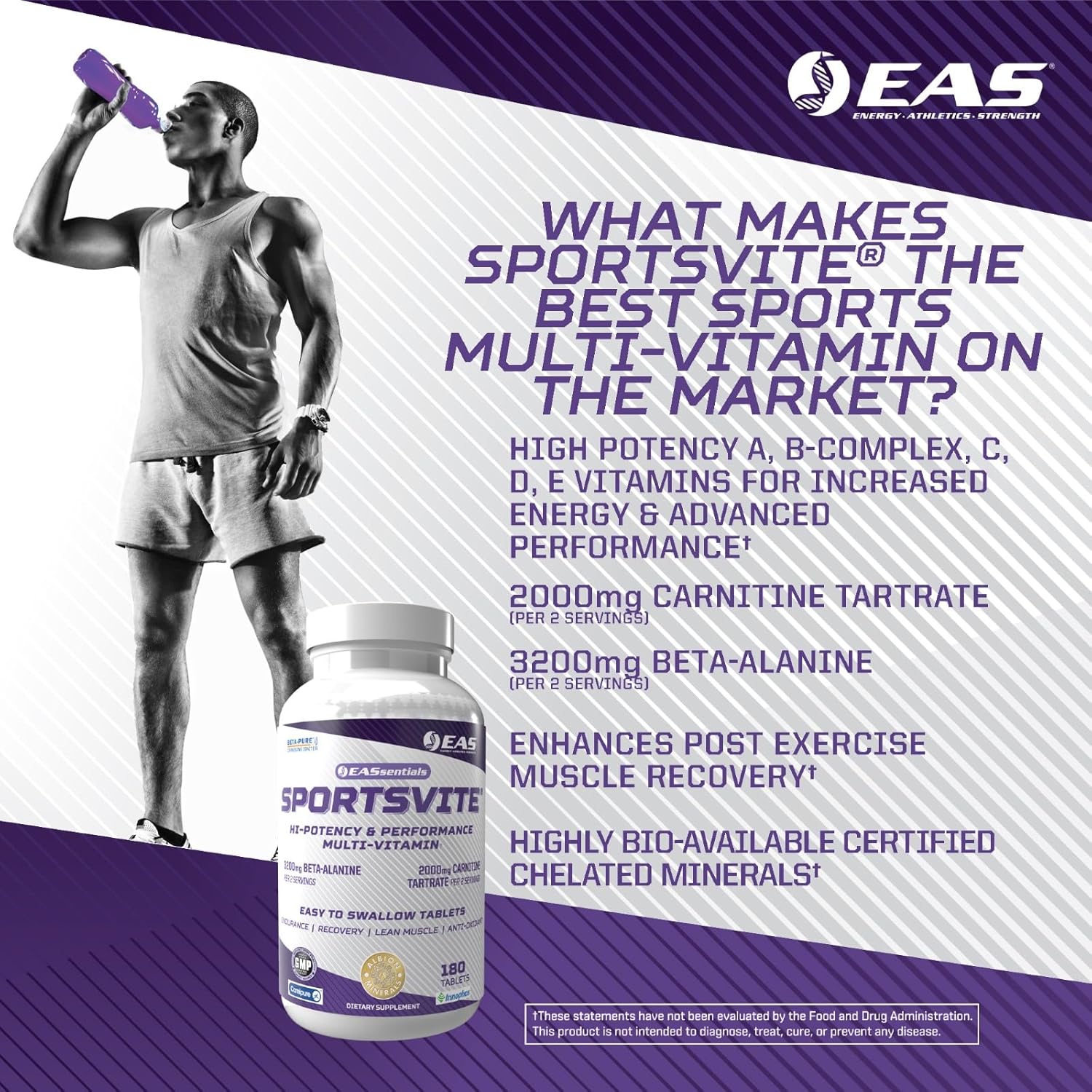 High Potency Multivitamin for Athletes with Vitamin & Mineral Nutrient Blend - 180 Tablets | EAS SportsVite - 2300mg Beta Alanine, 2000mg Carnitine Tartrate