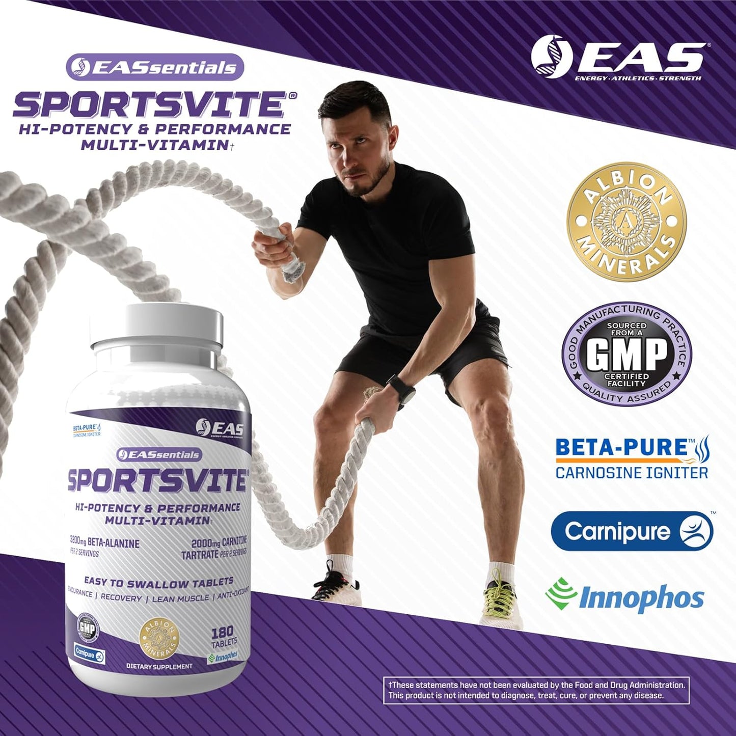 High Potency Multivitamin for Athletes with Vitamin & Mineral Nutrient Blend - 180 Tablets | EAS SportsVite - 2300mg Beta Alanine, 2000mg Carnitine Tartrate