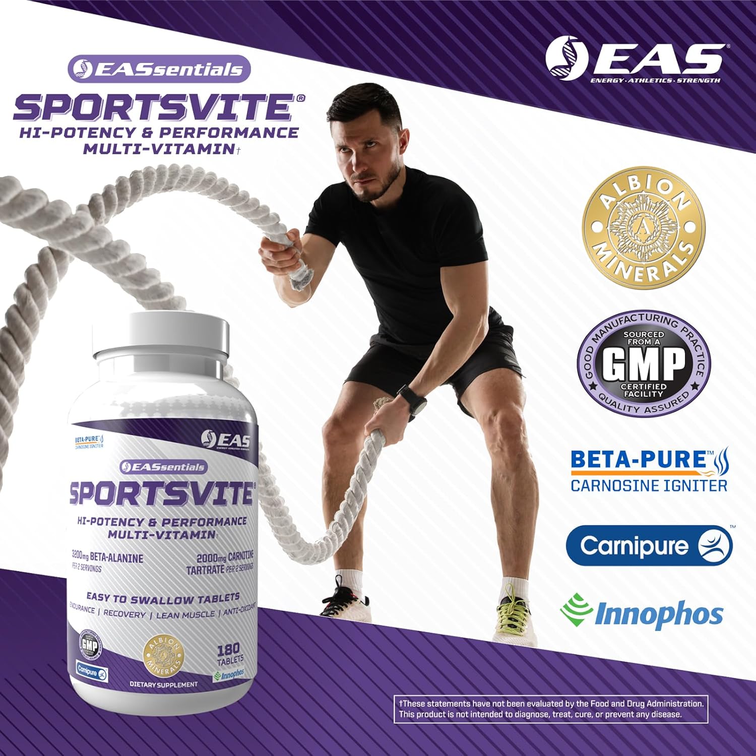 High Potency Multivitamin for Athletes with Vitamin & Mineral Nutrient Blend - 180 Tablets | EAS SportsVite - 2300mg Beta Alanine, 2000mg Carnitine Tartrate
