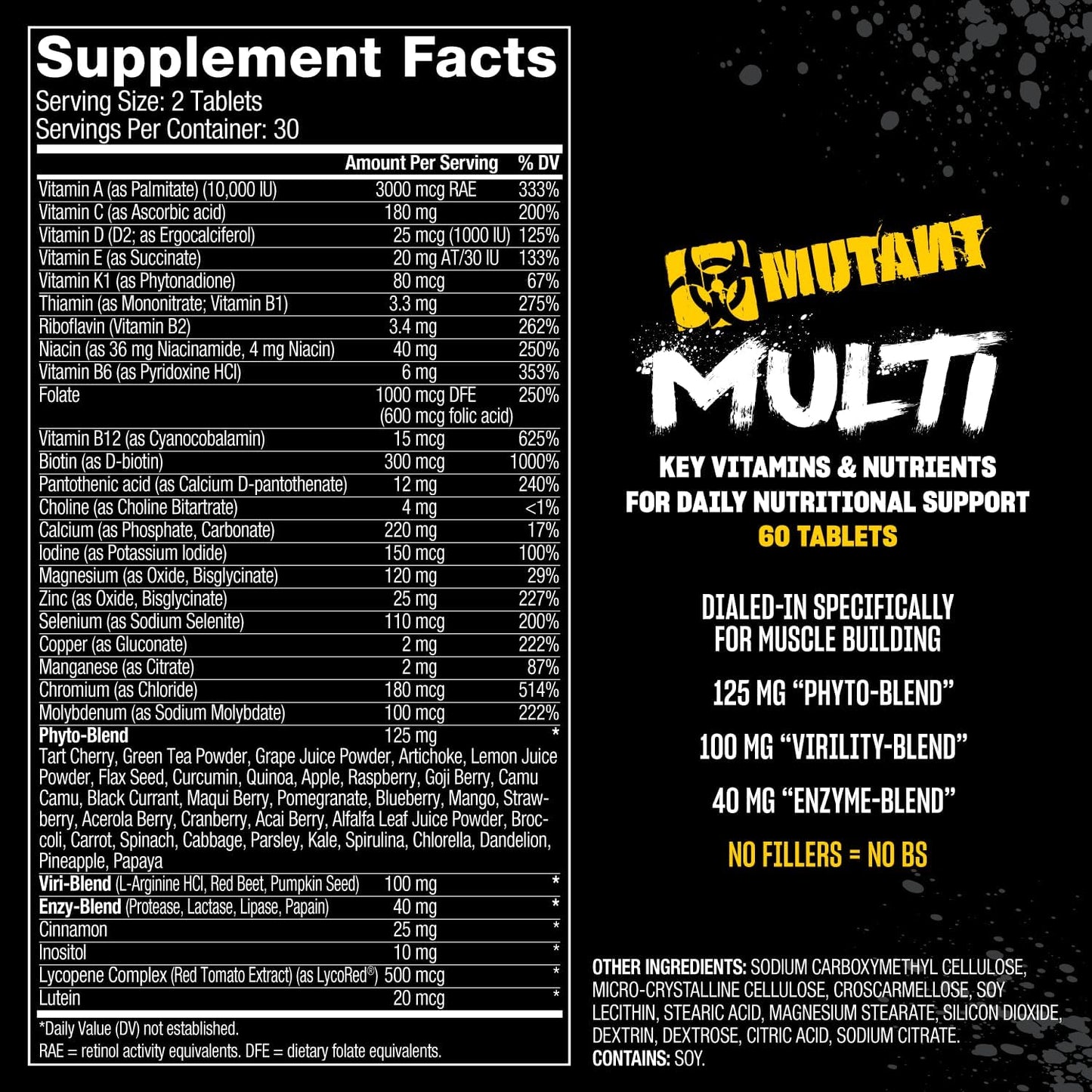 High Potency Mutant Multi Vitamins for Heavy Lifting - 60 Tablets with 75+ Ingredients