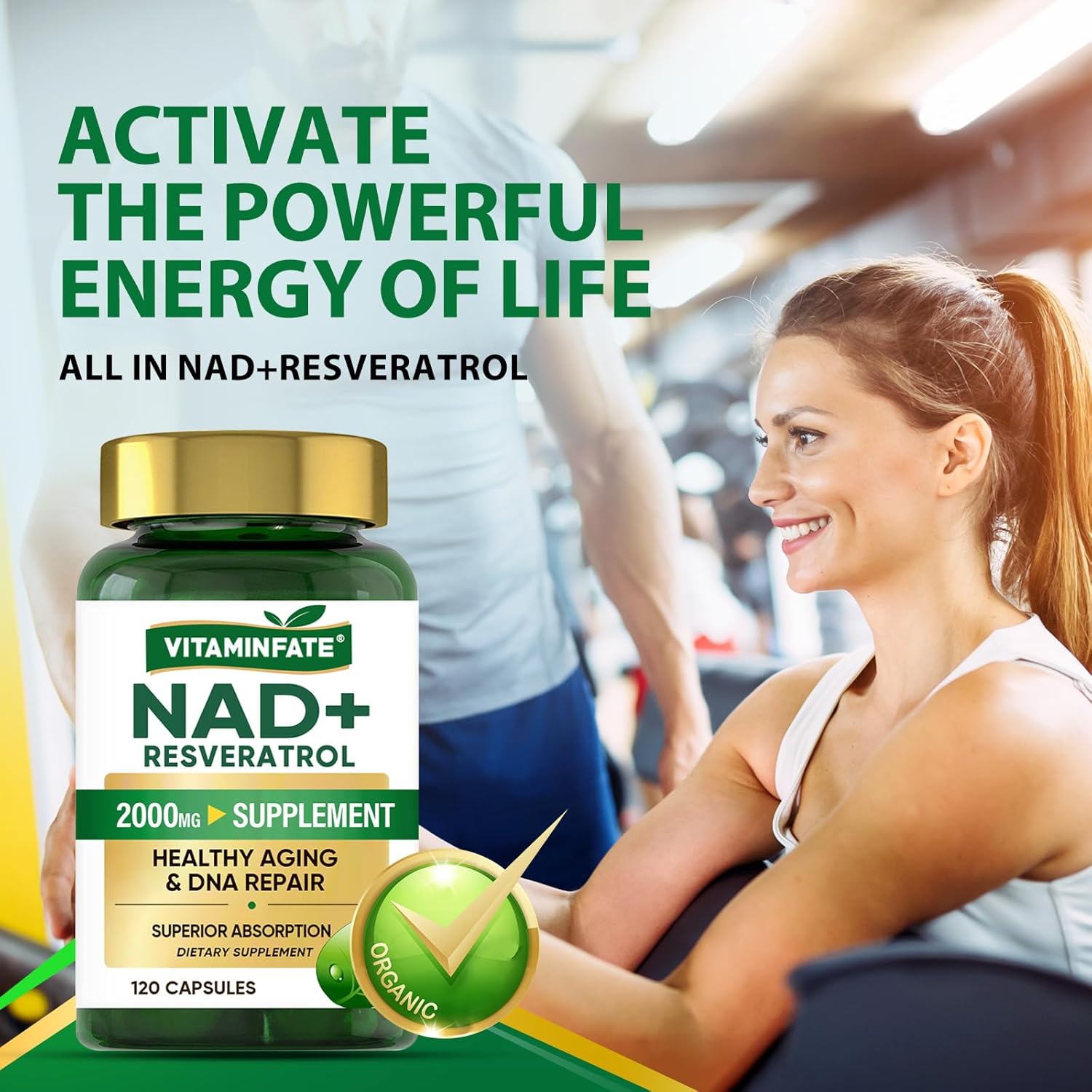 High Potency NAD+ & Resveratrol Supplement - 2000mg - 120 Capsules for Anti-Aging, Energy, Metabolism, and Brain Support