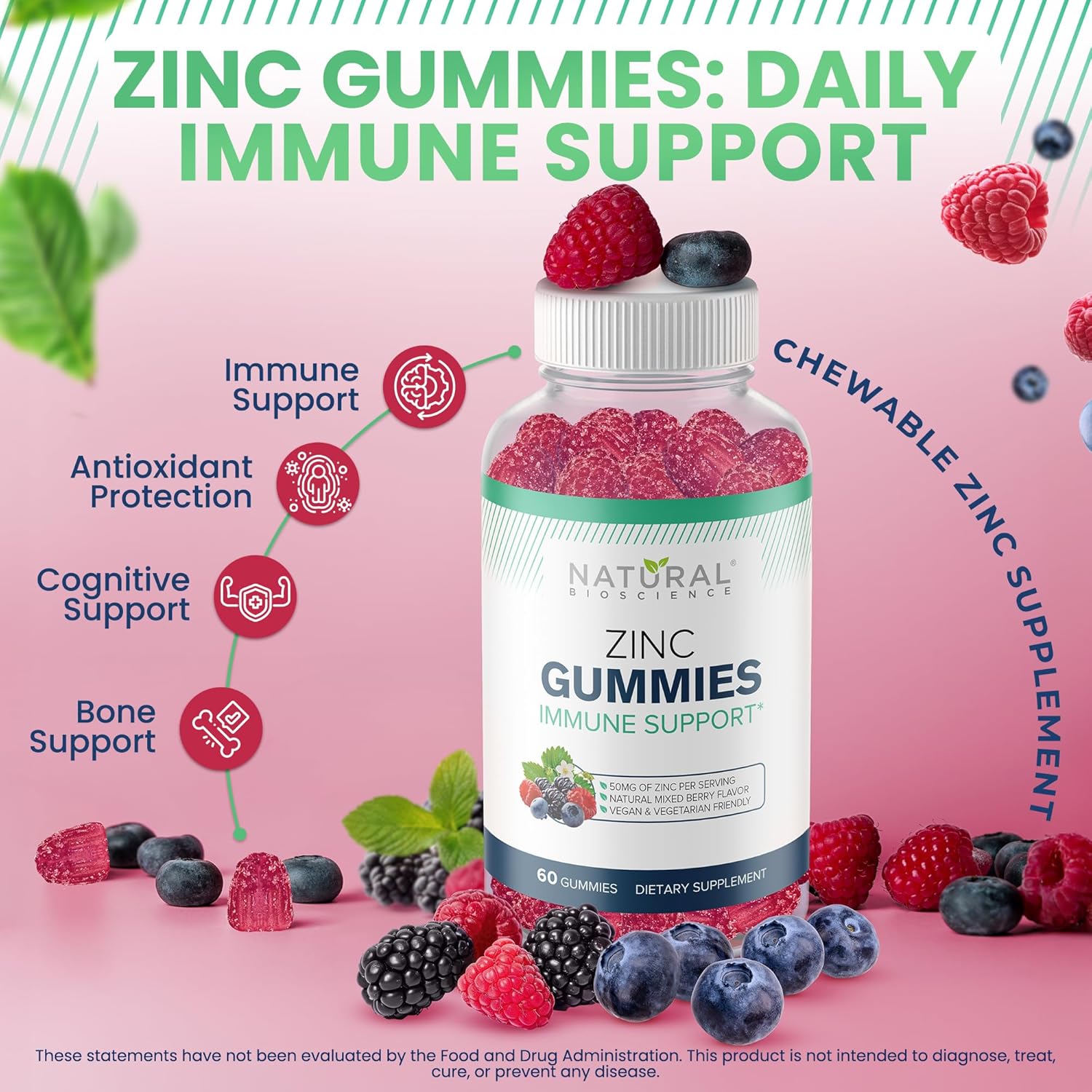 High Potency Natural BioScience Zinc Gummies 50mg - Immune Support and Skin Health Supplement for Adults - Chewable Zinc Citrate Gummies - Vegan and Gluten-Free - Antioxidant Daily Defense