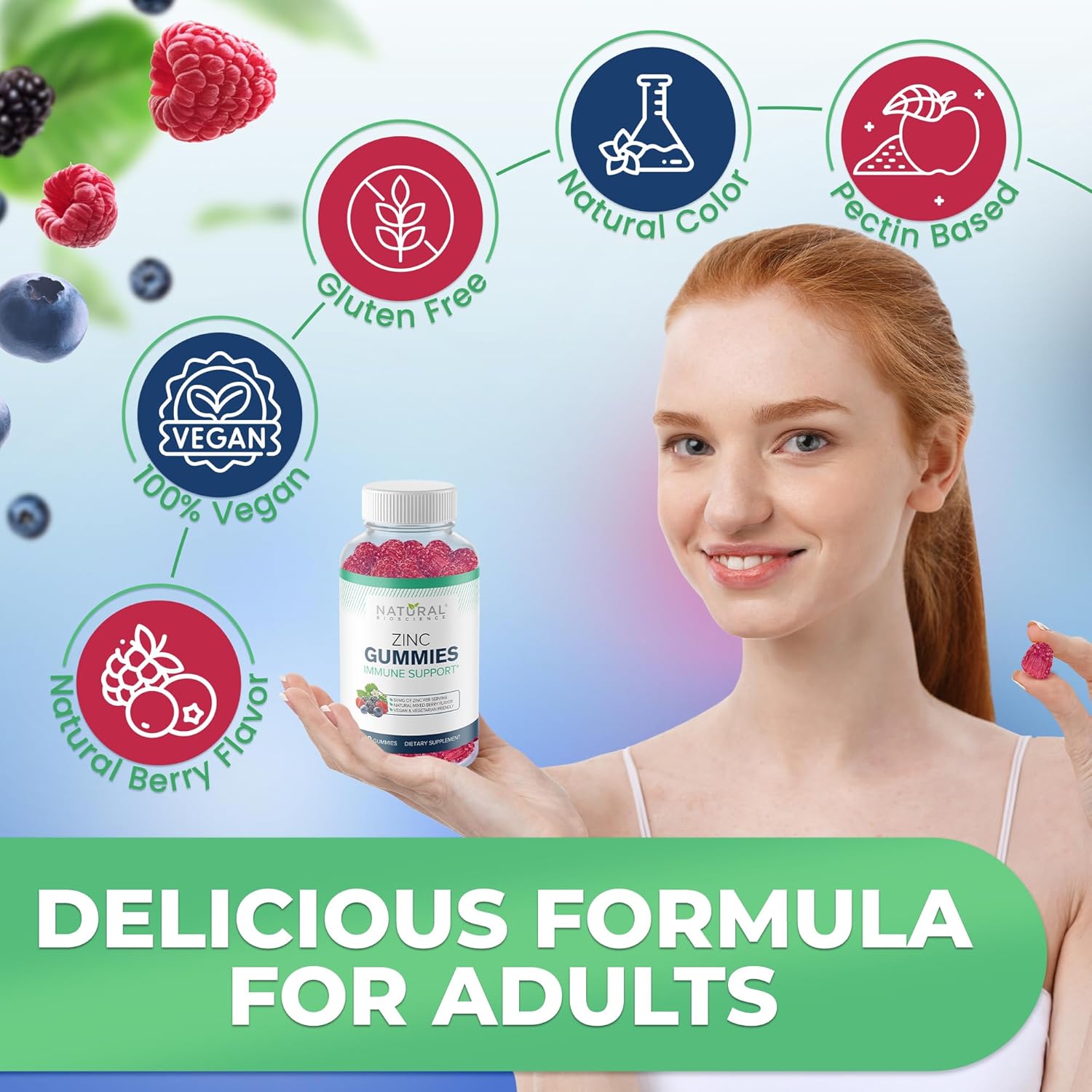 High Potency Natural BioScience Zinc Gummies 50mg - Immune Support and Skin Health Supplement for Adults - Chewable Zinc Citrate Gummies - Vegan and Gluten-Free - Antioxidant Daily Defense