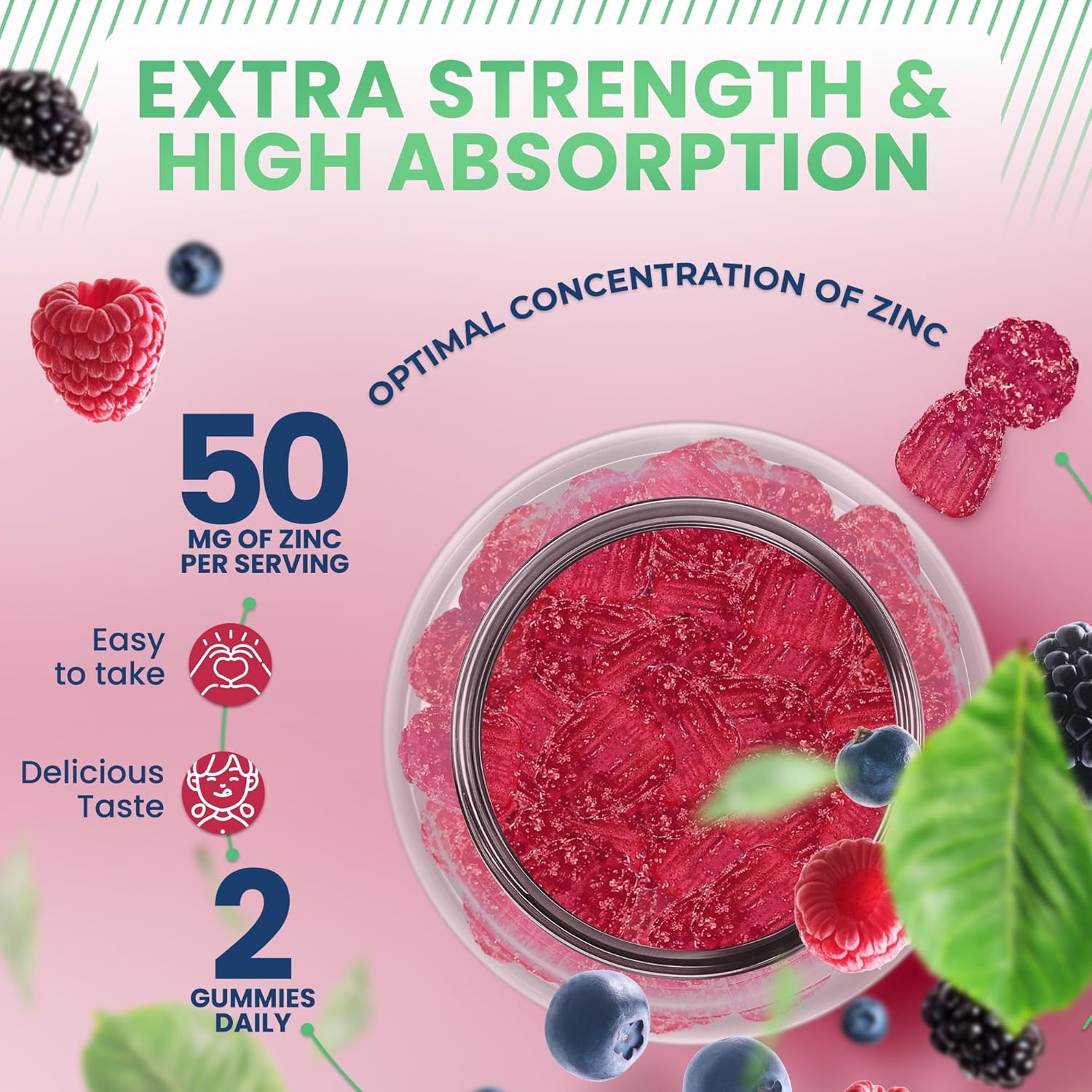 High Potency Natural BioScience Zinc Gummies 50mg - Immune Support and Skin Health Supplement for Adults - Chewable Zinc Citrate Gummies - Vegan and Gluten-Free - Antioxidant Daily Defense