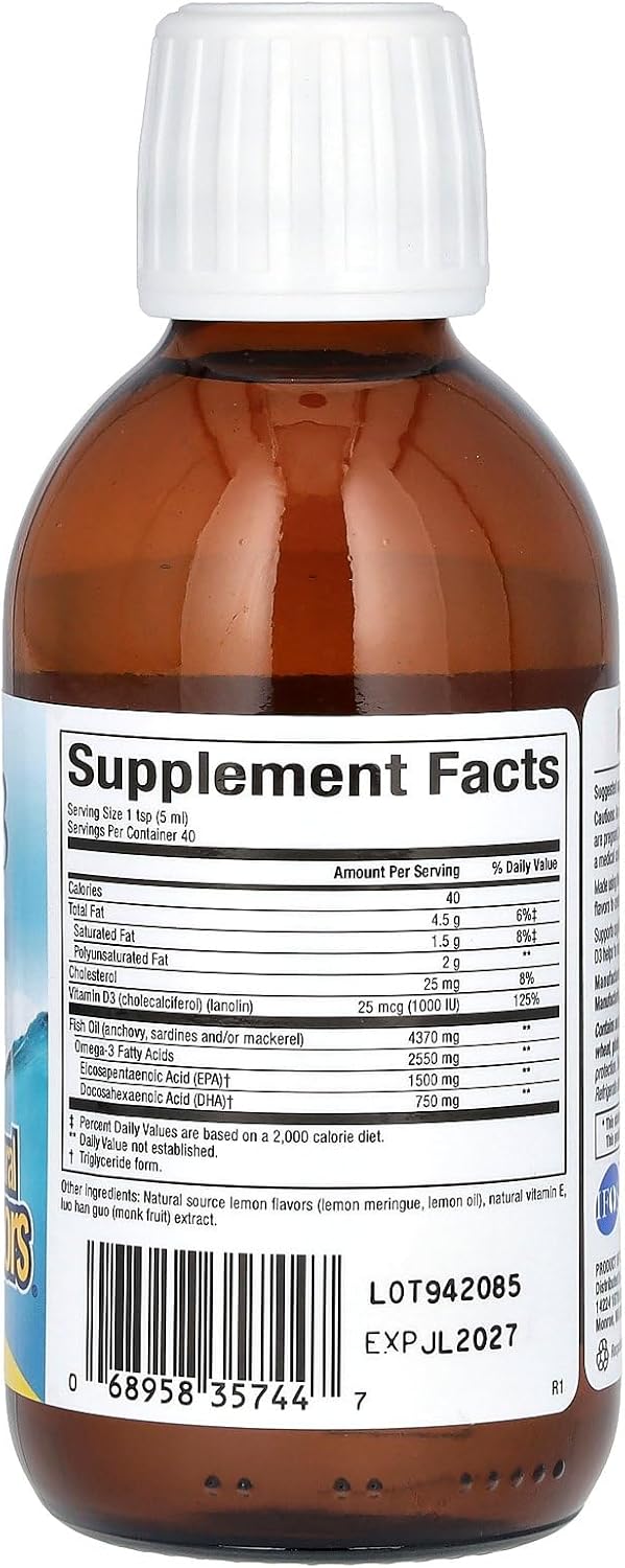 High Potency Natural Factors Omega-3 Supplement with 1500mg EPA, 750mg DHA, and Vitamin D3 in Searich Lemon Flavor - 6.76 fl oz