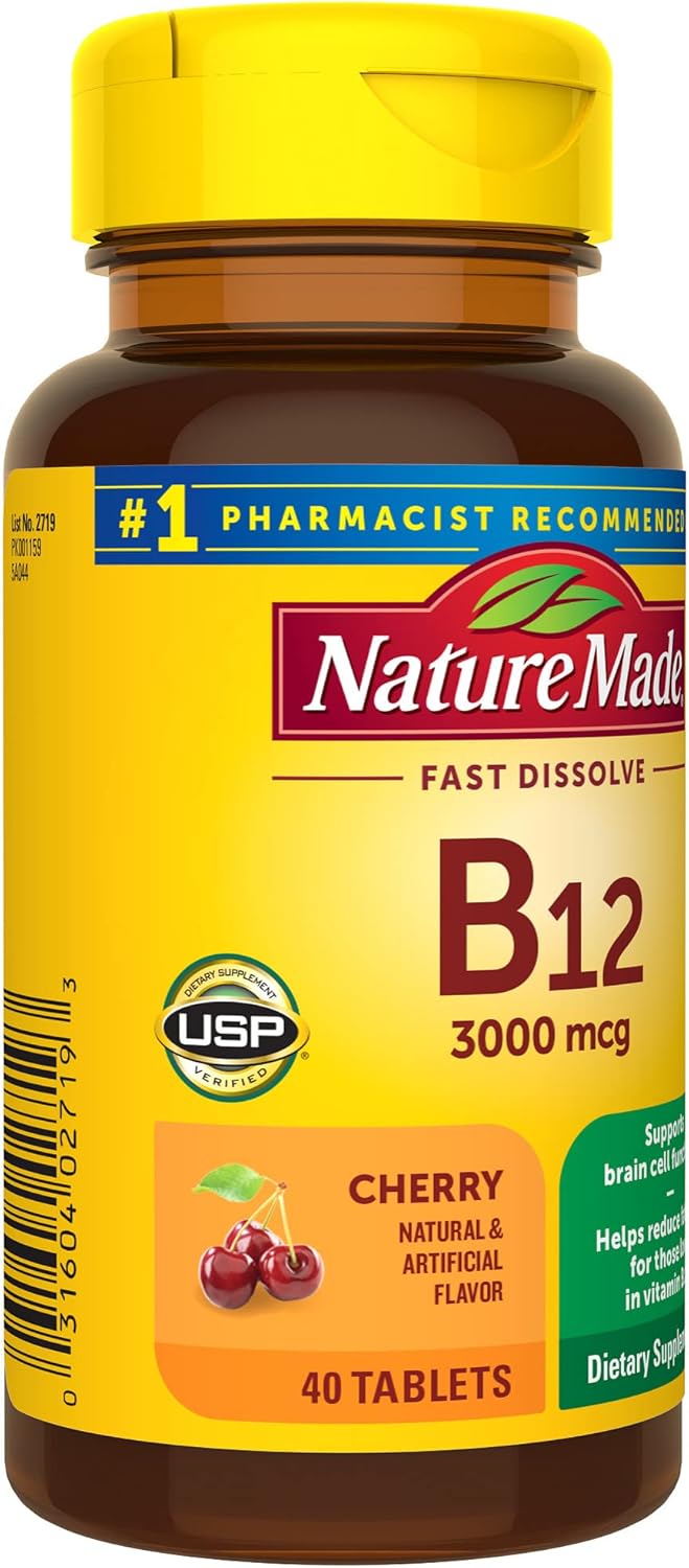 High Potency Nature Made Vitamin B12 3000 mcg Sublingual Tablets for Energy Metabolism, 40 Sugar-Free Fast Dissolve Tabs