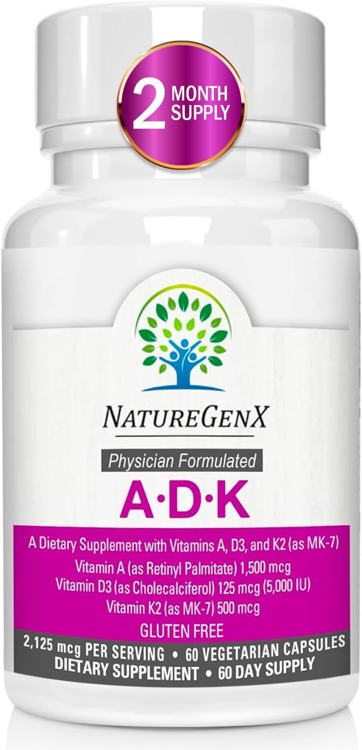 High Potency NatureGenX ADK Vitamin Supplement for Bone Health - 5000 IU Vitamins A, D3, K2 | Gluten-Free, 60 Capsules, 60 Day Supply