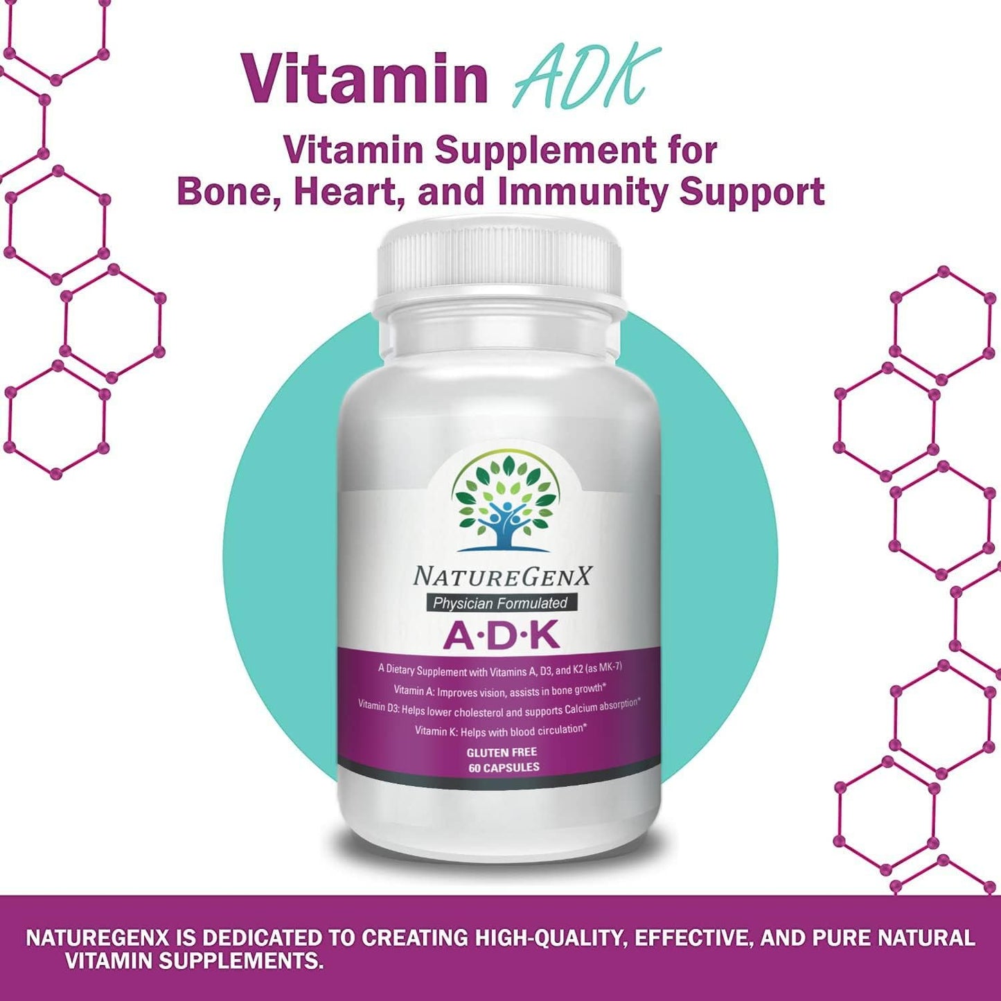 High Potency NatureGenX ADK Vitamin Supplement for Bone Health - 5000 IU Vitamins A, D3, K2 | Gluten-Free, 60 Capsules, 60 Day Supply