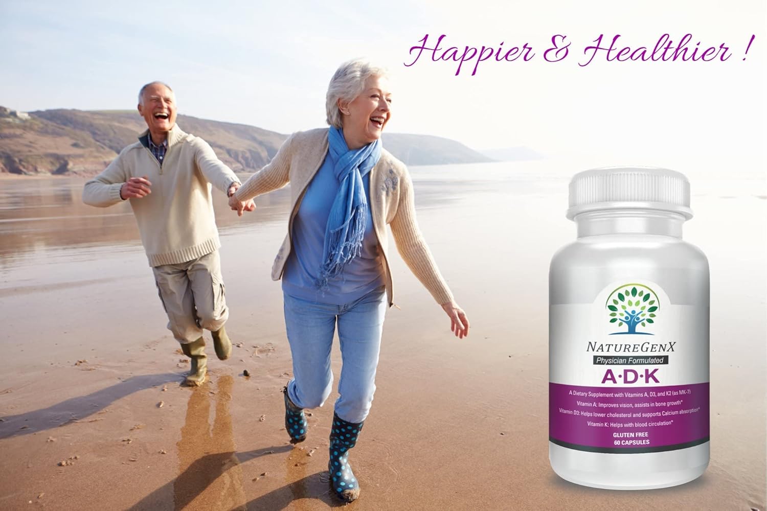 High Potency NatureGenX ADK Vitamin Supplement for Bone Health - 5000 IU Vitamins A, D3, K2 | Gluten-Free, 60 Capsules, 60 Day Supply