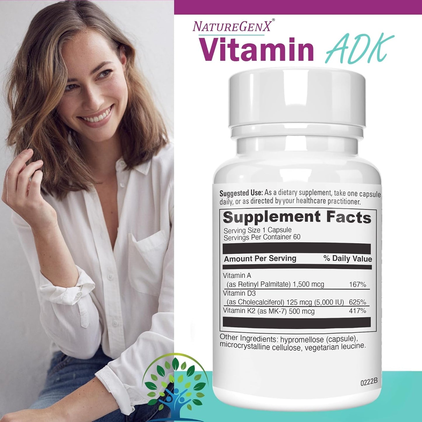 High Potency NatureGenX ADK Vitamin Supplement for Bone Health - 5000 IU Vitamins A, D3, K2 | Gluten-Free, 60 Capsules, 60 Day Supply