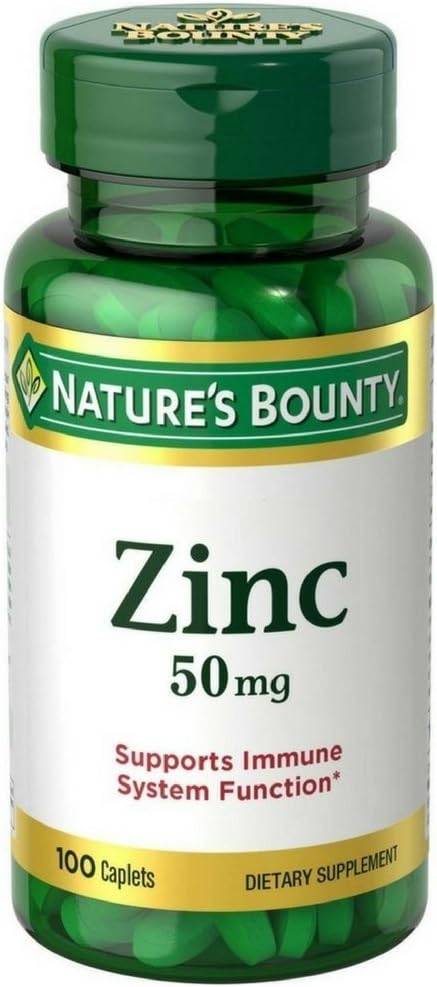 High Potency Nature's Bounty Zinc 50 mg Caplets - 100 Count Bottle for Immune Support