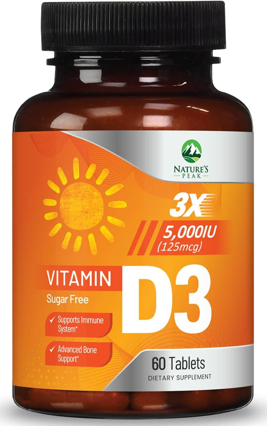 High Potency Nature's Peak Vitamin D3 5000 IU Chewables for Bone, Teeth, Muscle & Immune Support - Sugar Free, Non-GMO, Gluten Free - 60 Tablets