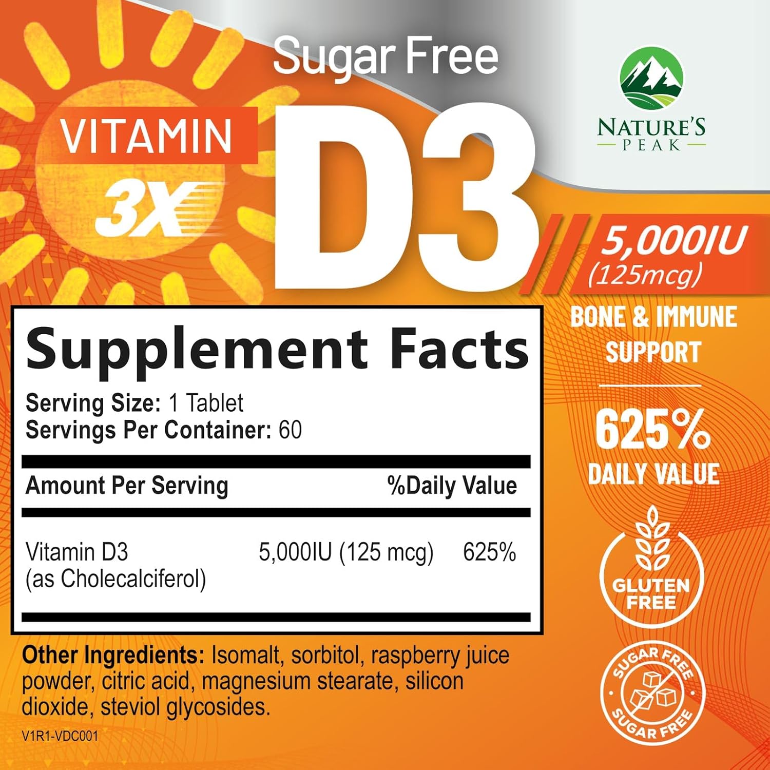 High Potency Nature's Peak Vitamin D3 5000 IU Chewables for Bone, Teeth, Muscle & Immune Support - Sugar Free, Non-GMO, Gluten Free - 60 Tablets
