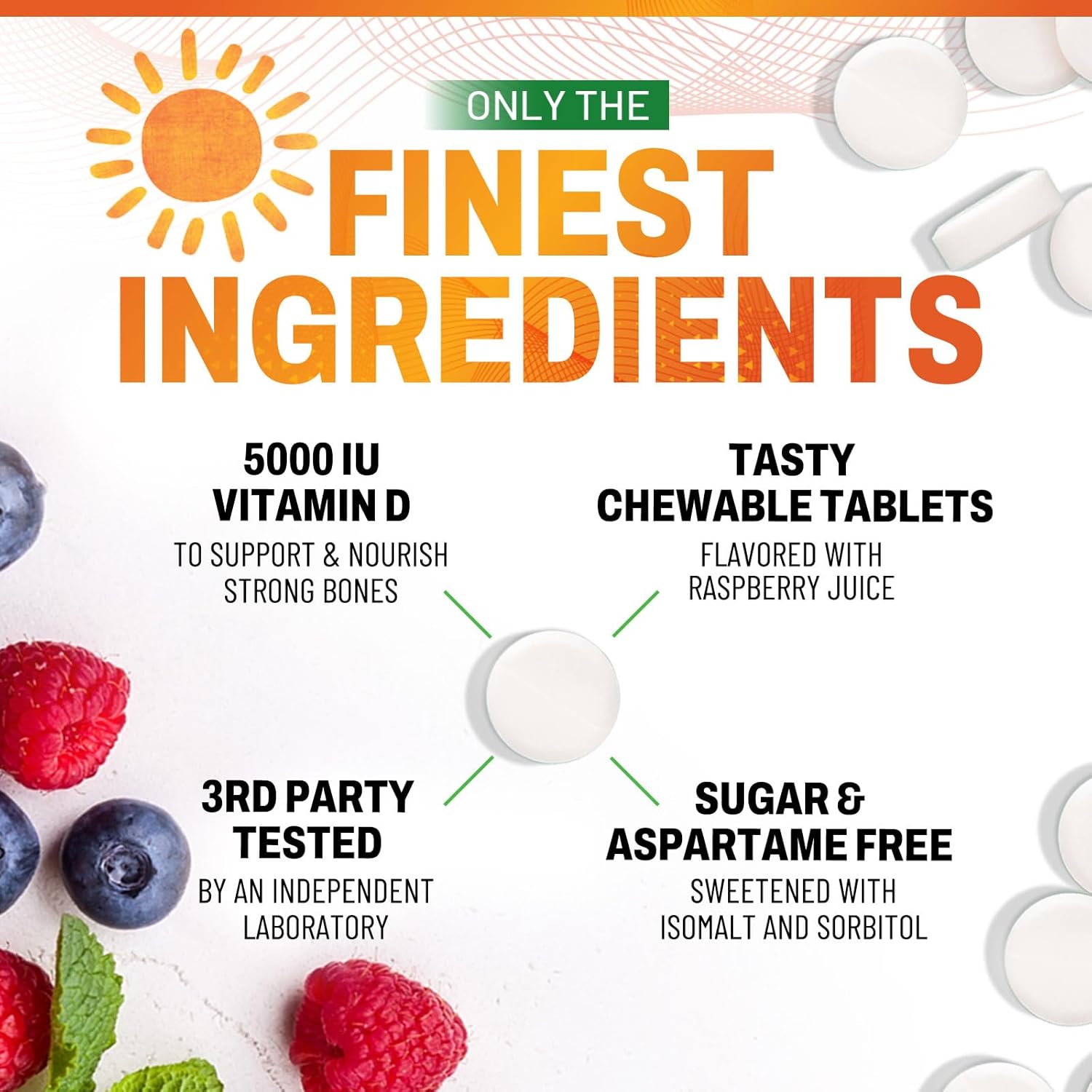 High Potency Nature's Peak Vitamin D3 5000 IU Chewables for Bone, Teeth, Muscle & Immune Support - Sugar Free, Non-GMO, Gluten Free - 60 Tablets
