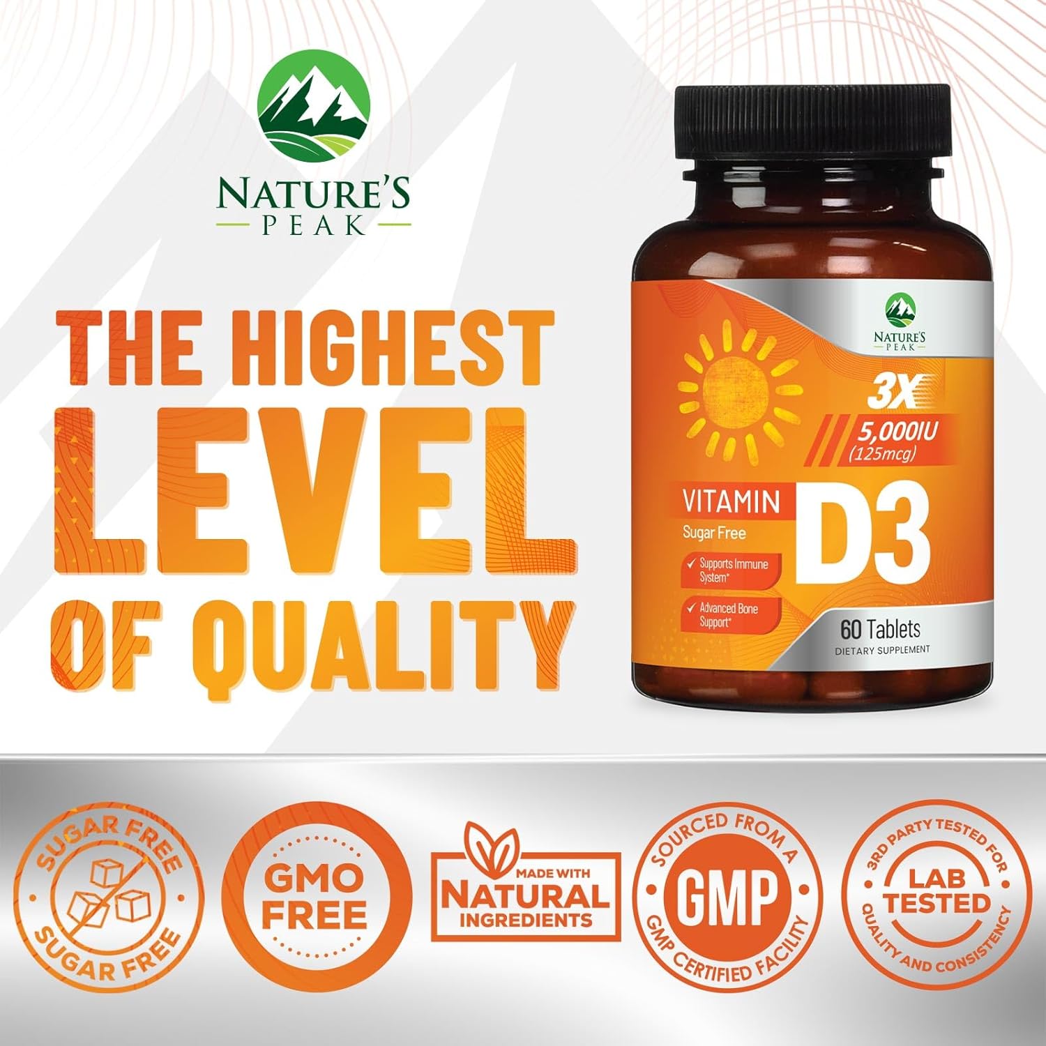 High Potency Nature's Peak Vitamin D3 5000 IU Chewables for Bone, Teeth, Muscle & Immune Support - Sugar Free, Non-GMO, Gluten Free - 60 Tablets