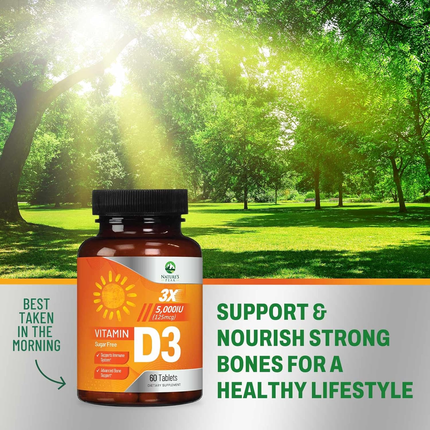 High Potency Nature's Peak Vitamin D3 5000 IU Chewables for Bone, Teeth, Muscle & Immune Support - Sugar Free, Non-GMO, Gluten Free - 60 Tablets
