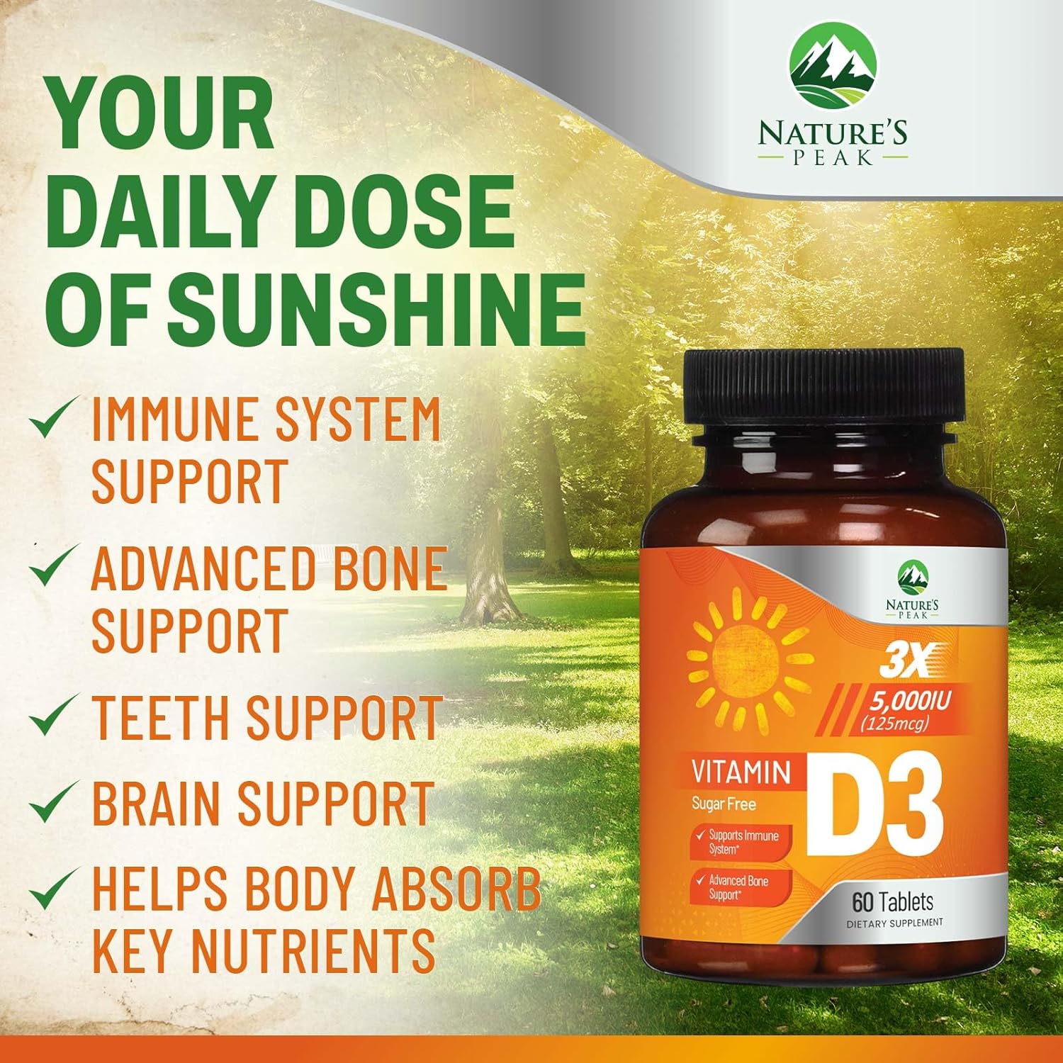 High Potency Nature's Peak Vitamin D3 5000 IU Chewables for Bone, Teeth, Muscle & Immune Support - Sugar Free, Non-GMO, Gluten Free - 60 Tablets