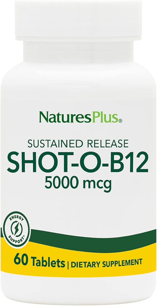 High Potency Natures Plus Shot-O-B12 (Methylcobalamin) 5000 mcg - Memory & Energy Booster - 60 Vegetarian Tablets, Sustained Release for Fast Acting B12 Supplement - Gluten-Free & 60 Servings