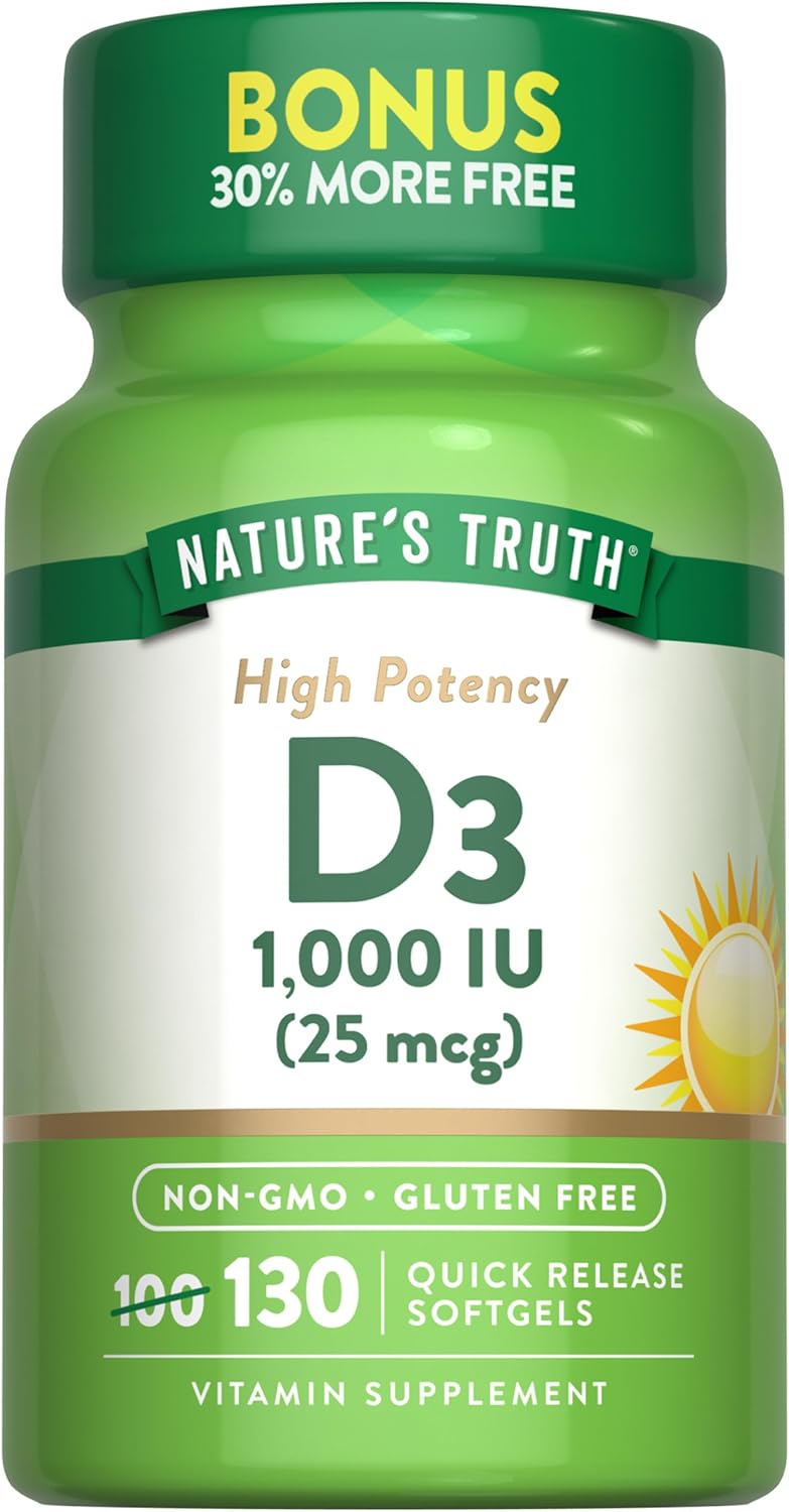 High Potency Nature's Truth Vitamin D3 Softgels - 1000 IU, 130 Count - Non-GMO & Gluten/Soy Free Supplement