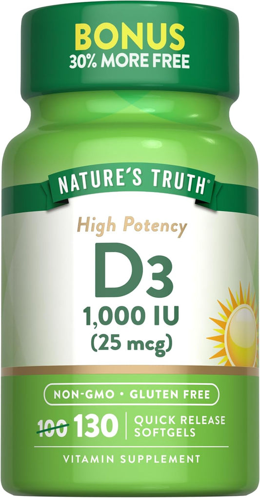 High Potency Nature's Truth Vitamin D3 Softgels - 1000 IU, 130 Count - Non-GMO & Gluten/Soy Free Supplement