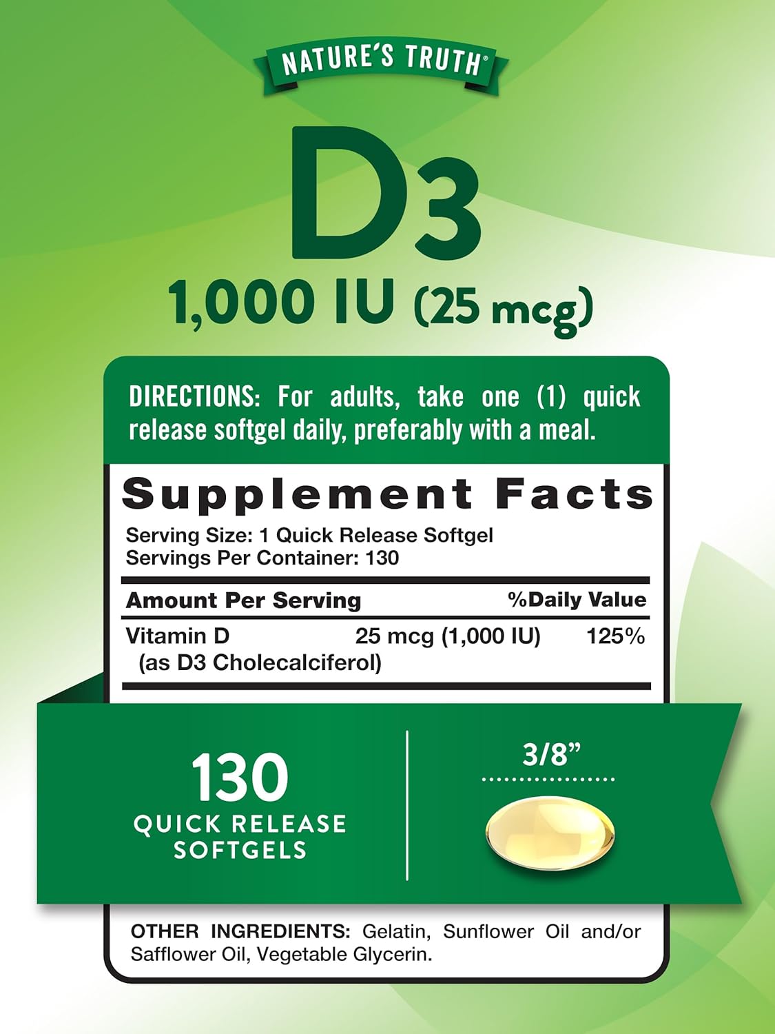 High Potency Nature's Truth Vitamin D3 Softgels - 1000 IU, 130 Count - Non-GMO & Gluten/Soy Free Supplement