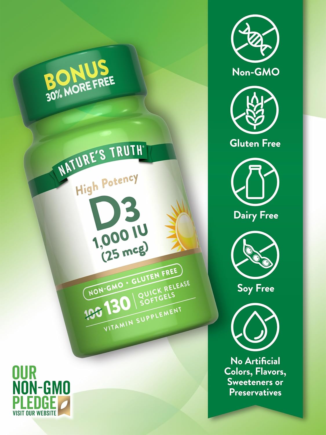 High Potency Nature's Truth Vitamin D3 Softgels - 1000 IU, 130 Count - Non-GMO & Gluten/Soy Free Supplement